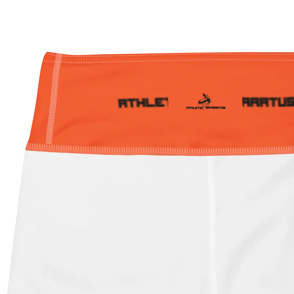 Athletic Apparatus Outrageous Orange White stitch Black logo Yoga Leggings