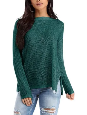 Bateau Plain Long Sleeve Slit Hem Top