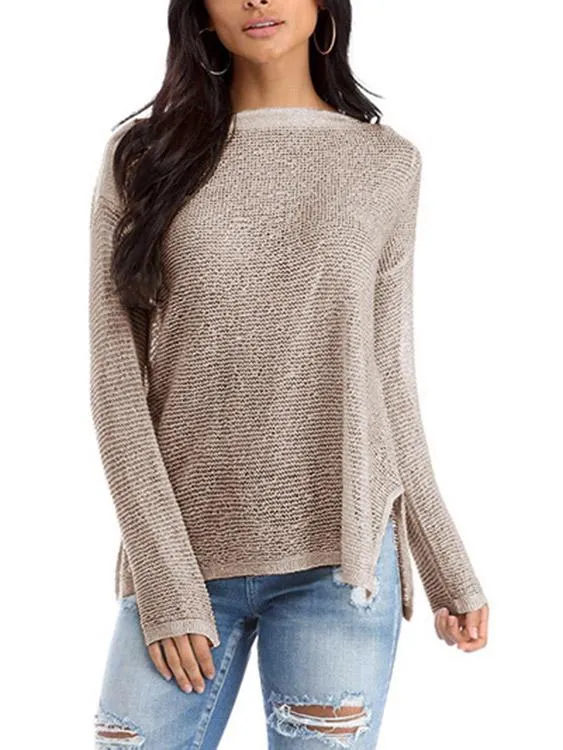 Bateau Plain Long Sleeve Slit Hem Top