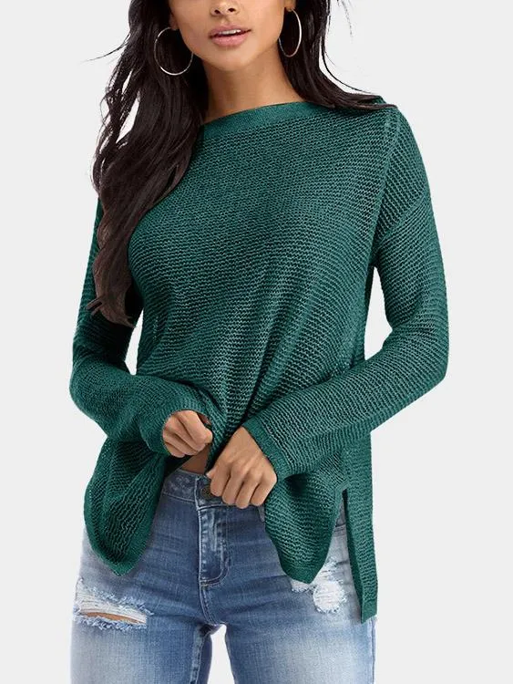 Bateau Plain Long Sleeve Slit Hem Top