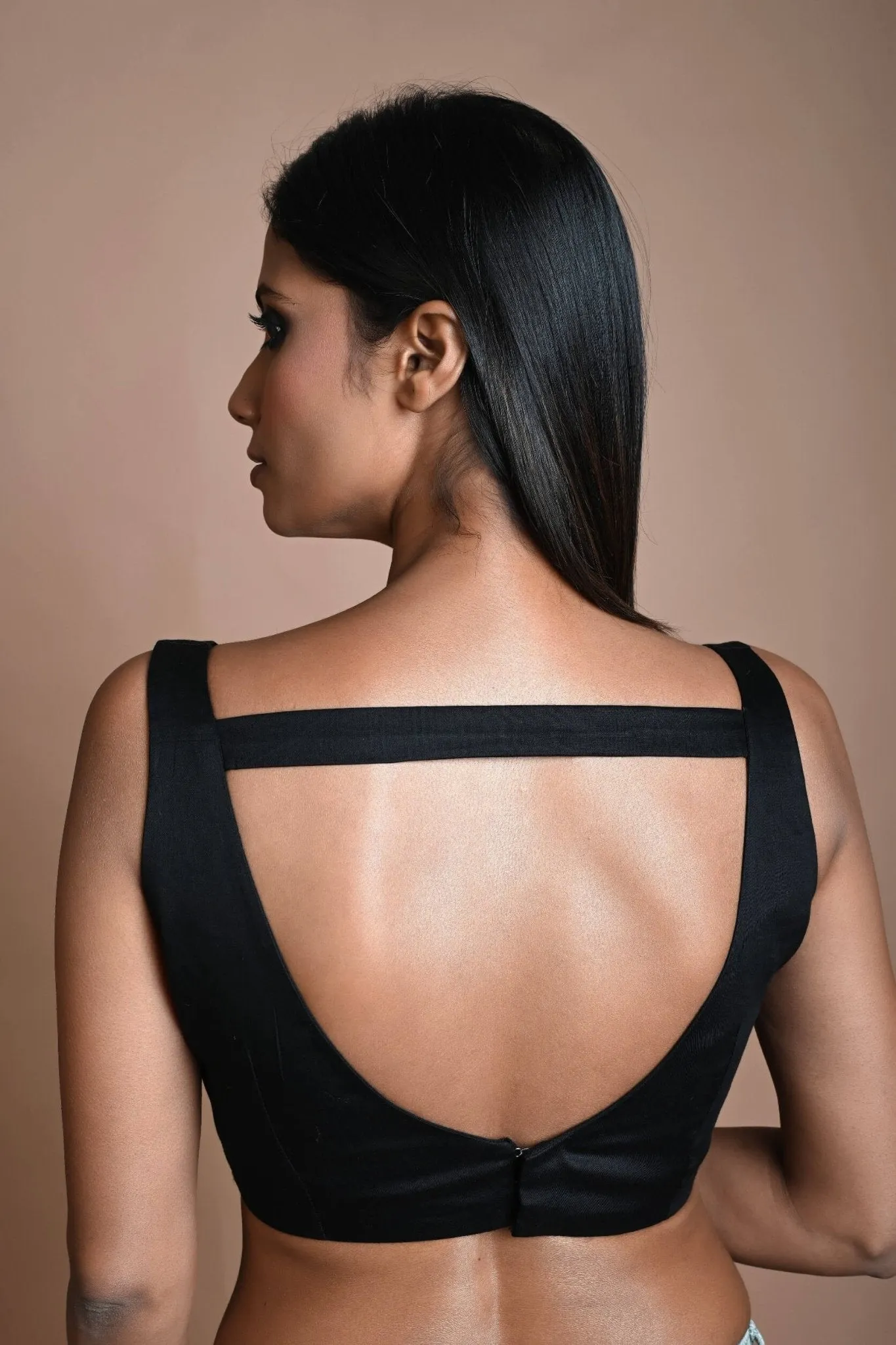 Black Cotton Sleeveless Blouse with Strappy Back Hook Closure