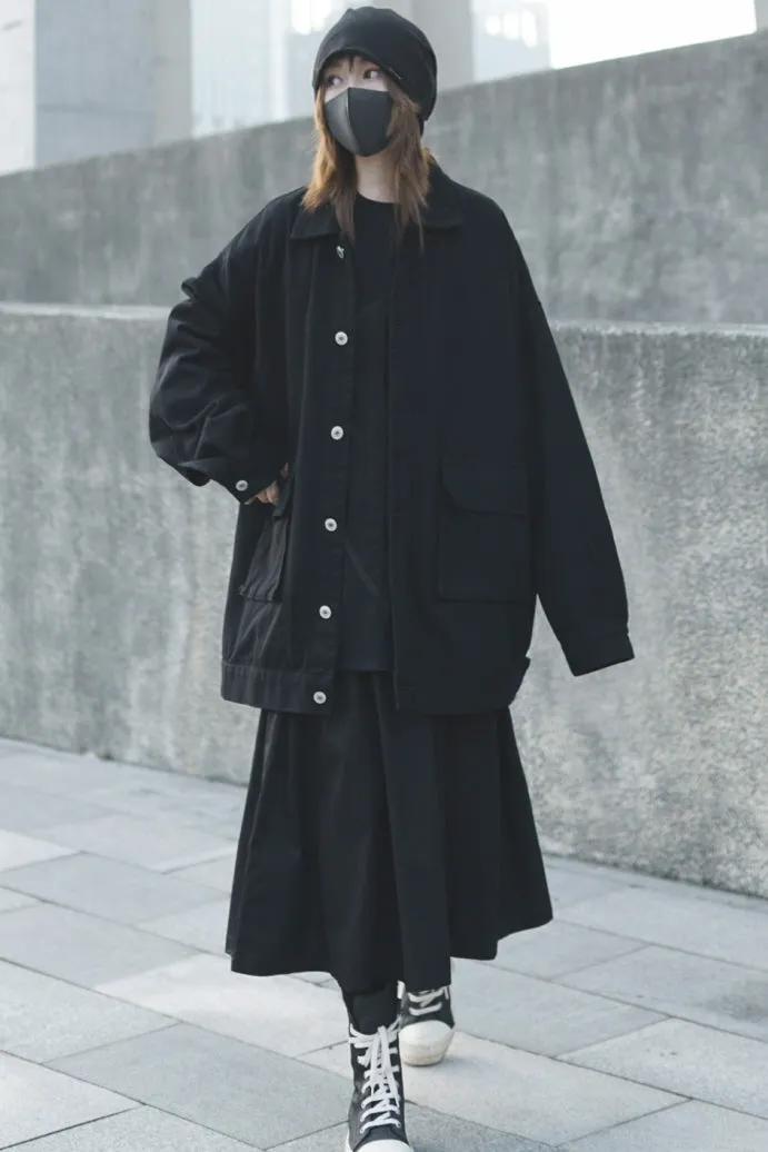 Black Loose Denim Jacket Dark Cool Yamamoto Style Tooling Salt Style Trendy Wear