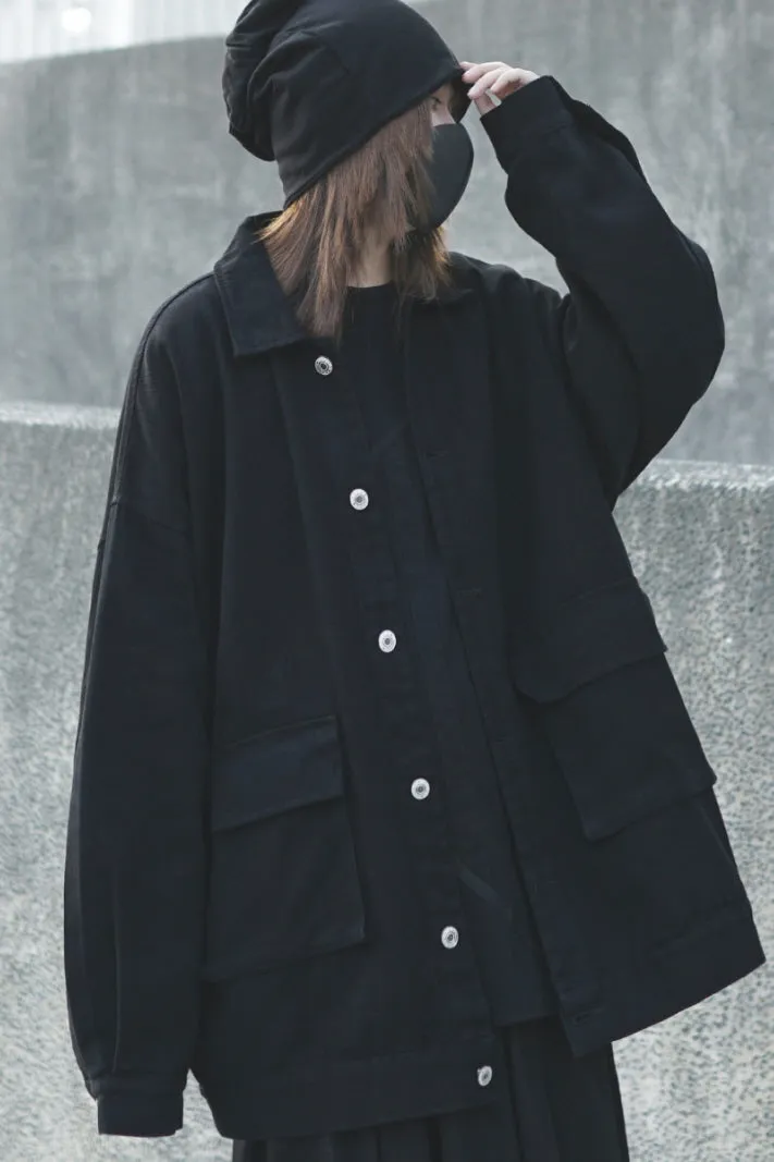 Black Loose Denim Jacket Dark Cool Yamamoto Style Tooling Salt Style Trendy Wear