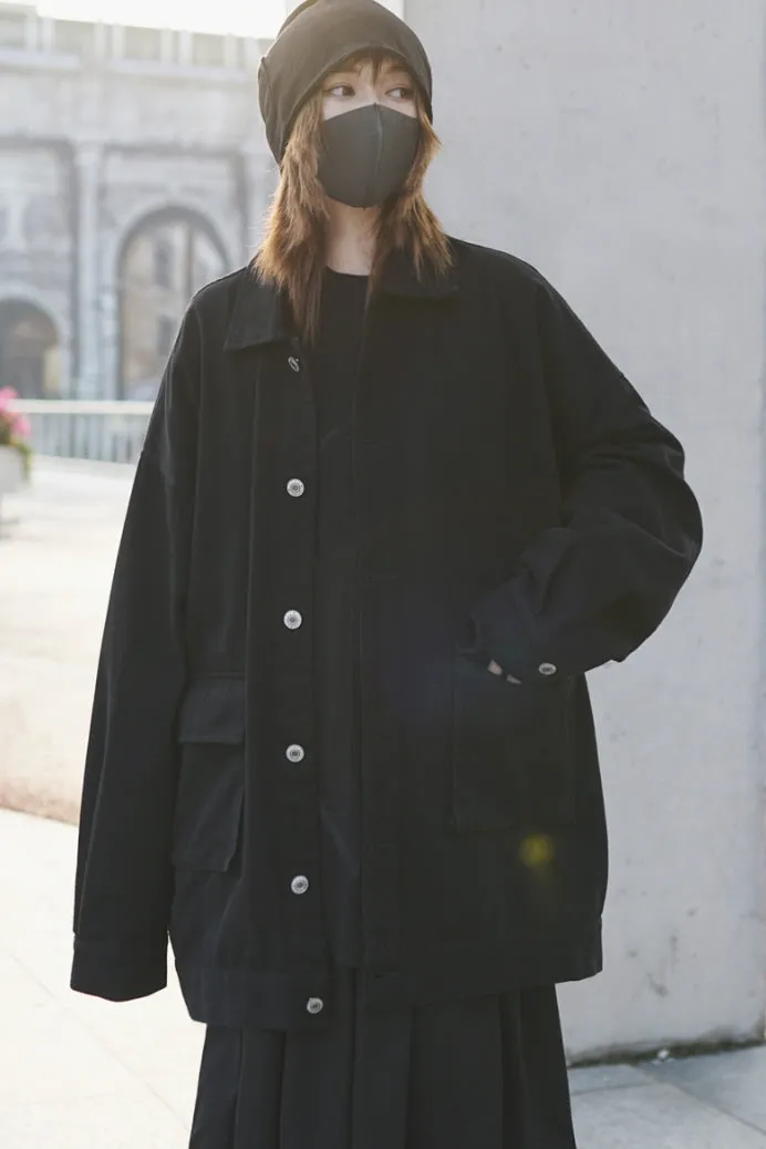 Black Loose Denim Jacket Dark Cool Yamamoto Style Tooling Salt Style Trendy Wear