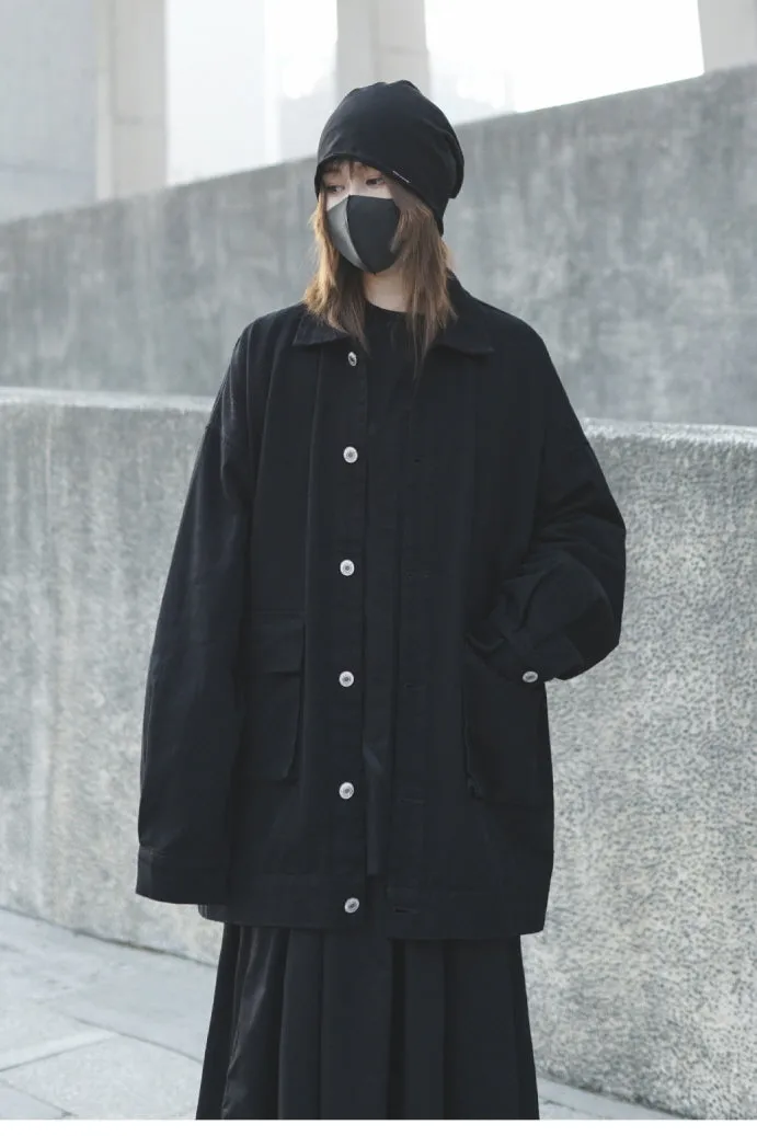 Black Loose Denim Jacket Dark Cool Yamamoto Style Tooling Salt Style Trendy Wear