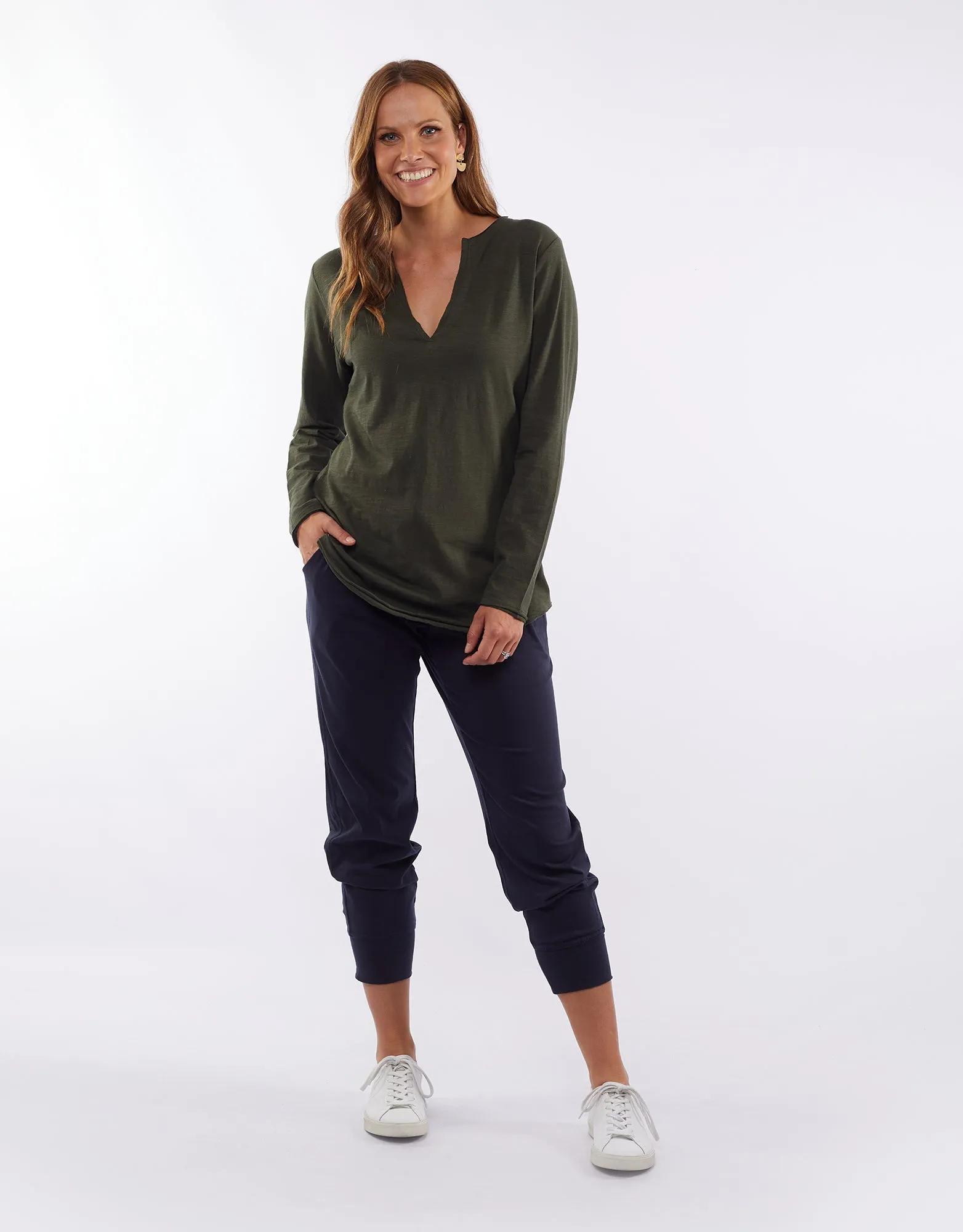 Coles Bay Henley Long Sleeve Tee - Khaki (plus size)