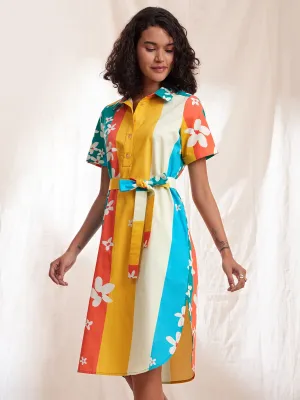 Cotton Poplin Floral & Striped Shirt Dress - Multicolour