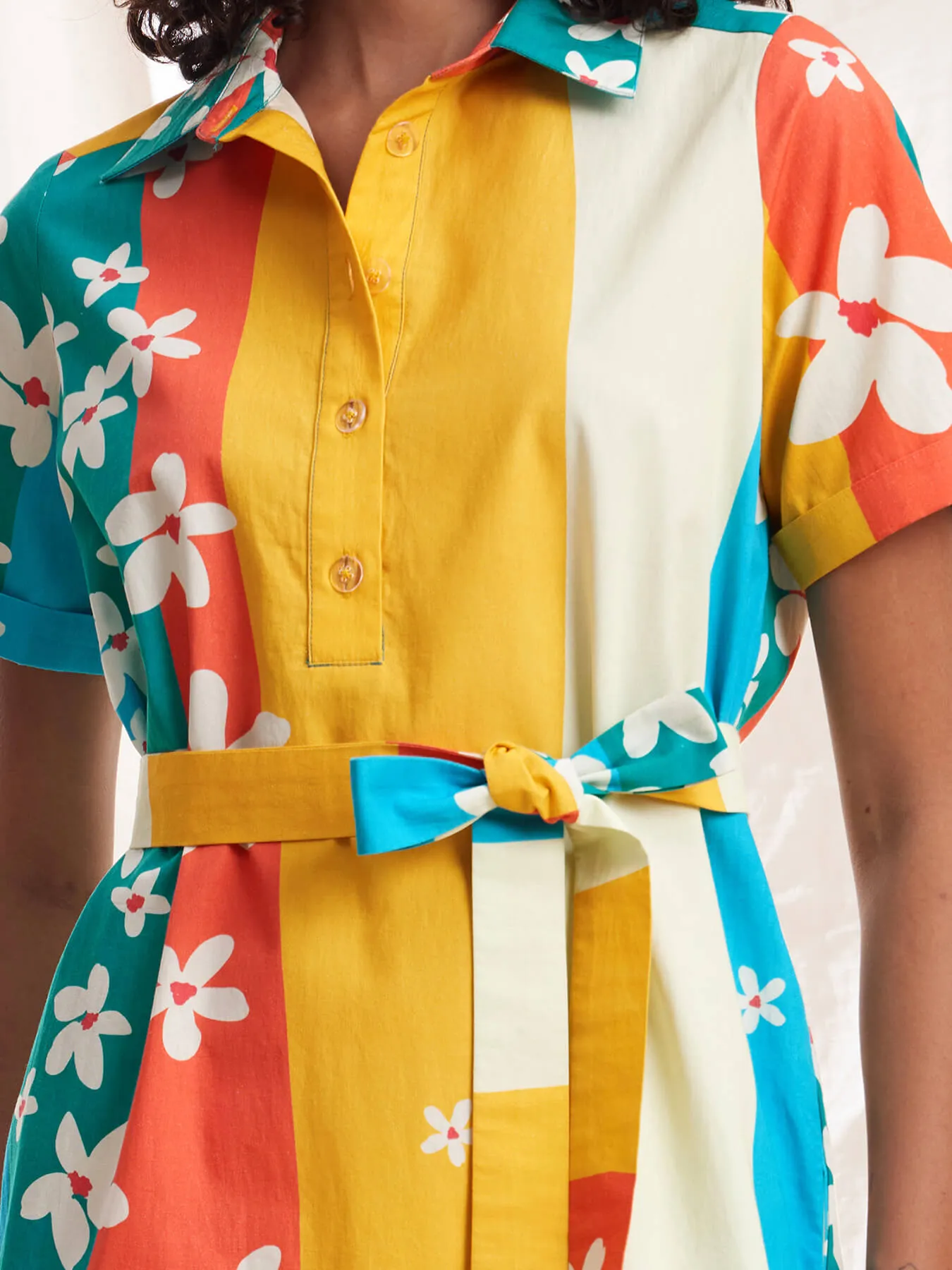 Cotton Poplin Floral & Striped Shirt Dress - Multicolour
