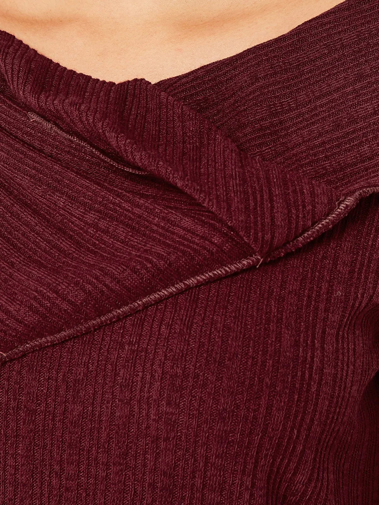 Custom High Neck Plain Long Sleeve Slit Hem Burgundy Top