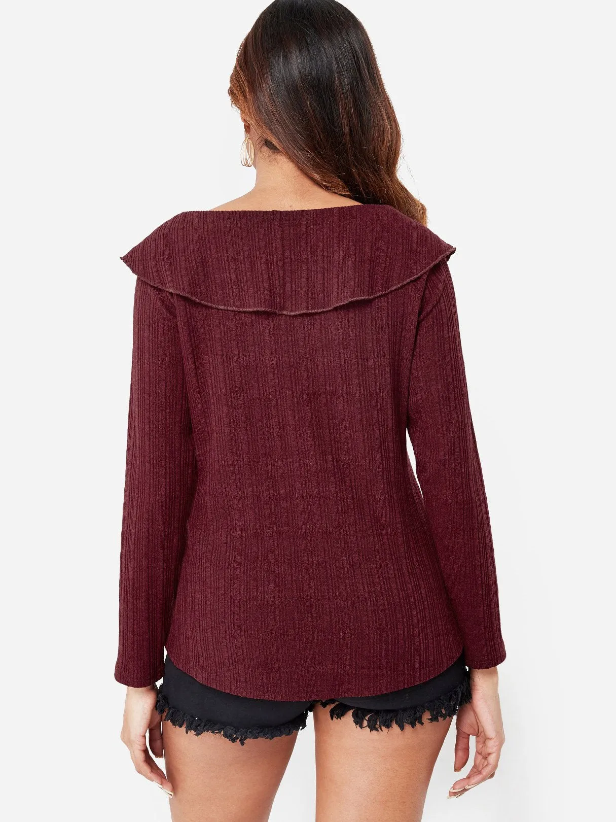 Custom High Neck Plain Long Sleeve Slit Hem Burgundy Top