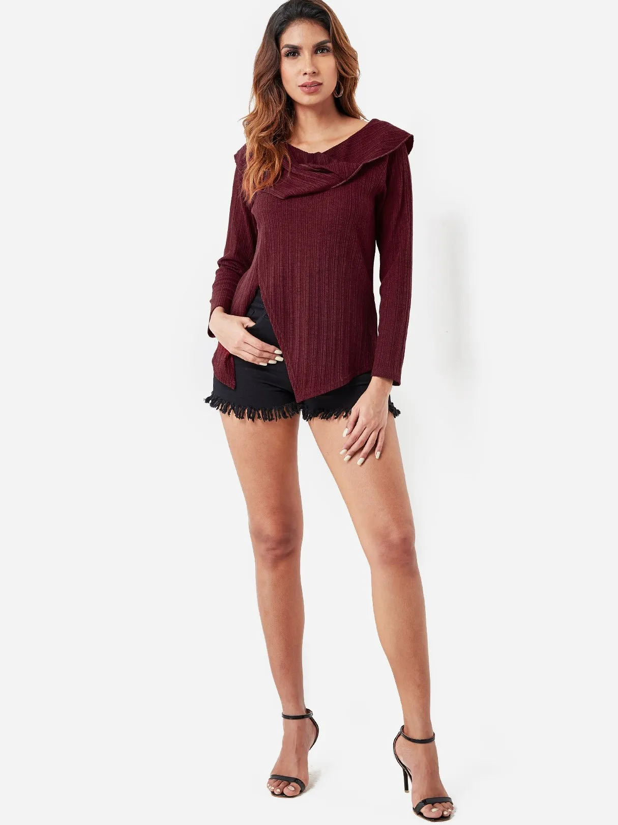 Custom High Neck Plain Long Sleeve Slit Hem Burgundy Top
