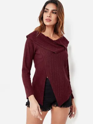Custom High Neck Plain Long Sleeve Slit Hem Burgundy Top