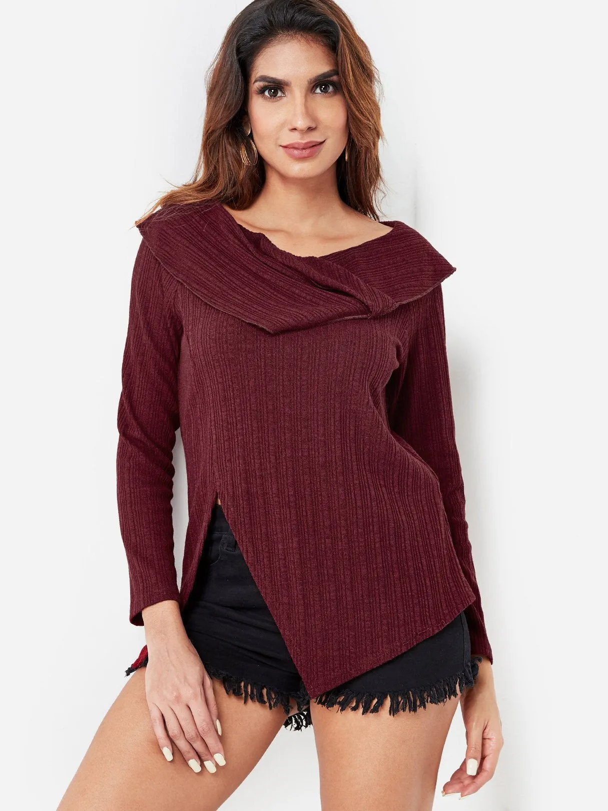 Custom High Neck Plain Long Sleeve Slit Hem Burgundy Top