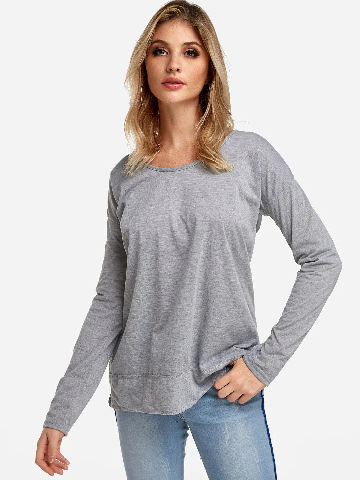 Custom Round Neck Backless Long Sleeve Grey T-Shirt