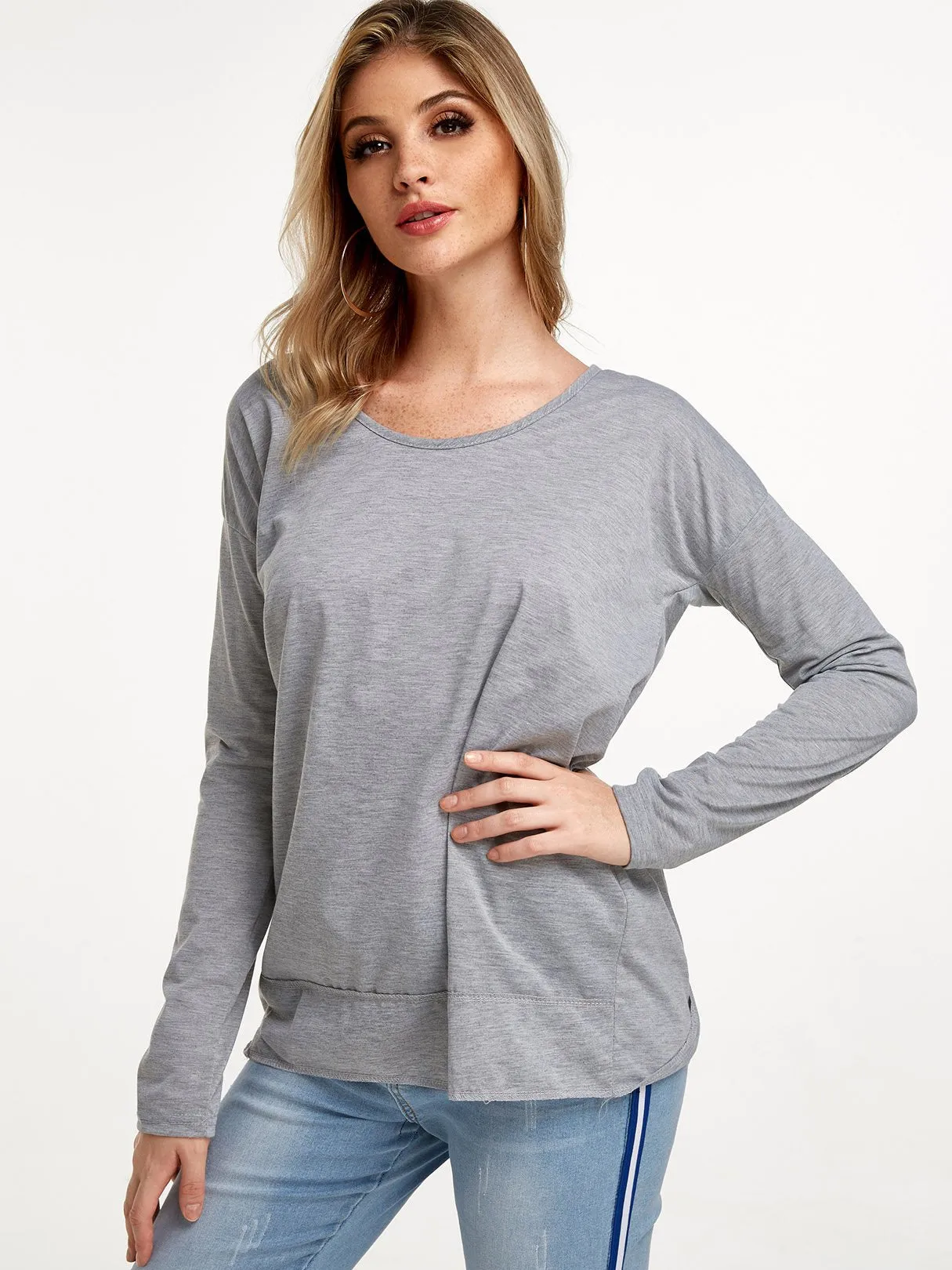 Custom Round Neck Backless Long Sleeve Grey T-Shirt