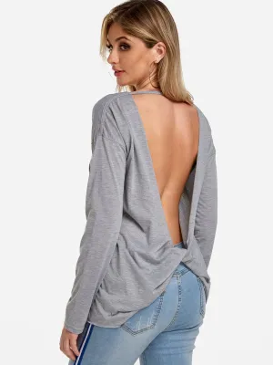 Custom Round Neck Backless Long Sleeve Grey T-Shirt