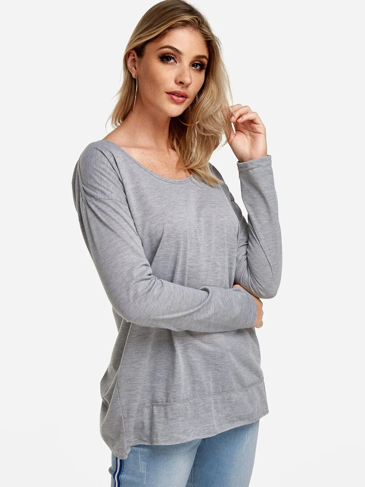 Custom Round Neck Backless Long Sleeve Grey T-Shirt
