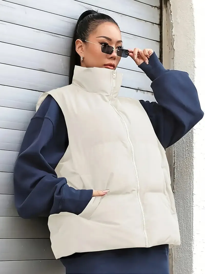 Dames gewatteerd vest - Koreaanse stijl, Mouwloos, Effenkleurig, Warm