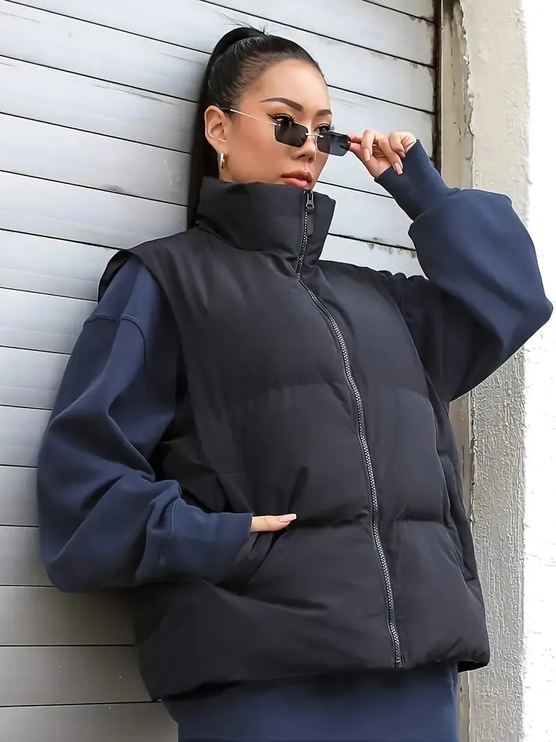 Dames gewatteerd vest - Koreaanse stijl, Mouwloos, Effenkleurig, Warm