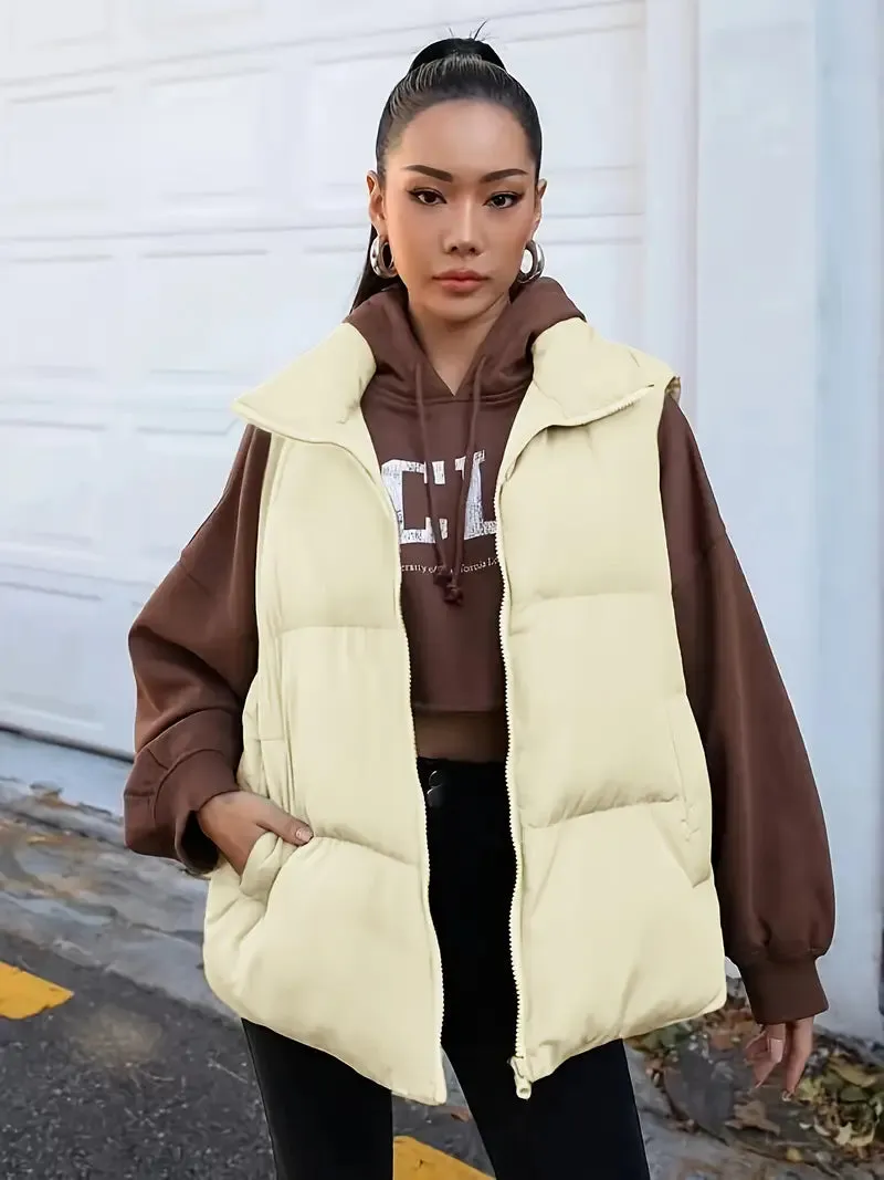Dames gewatteerd vest - Koreaanse stijl, Mouwloos, Effenkleurig, Warm