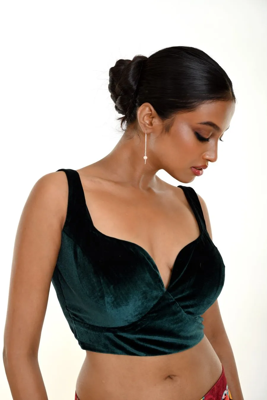 Dark Green Velvet Sleeveless Blouse With Queen Anne Neckline