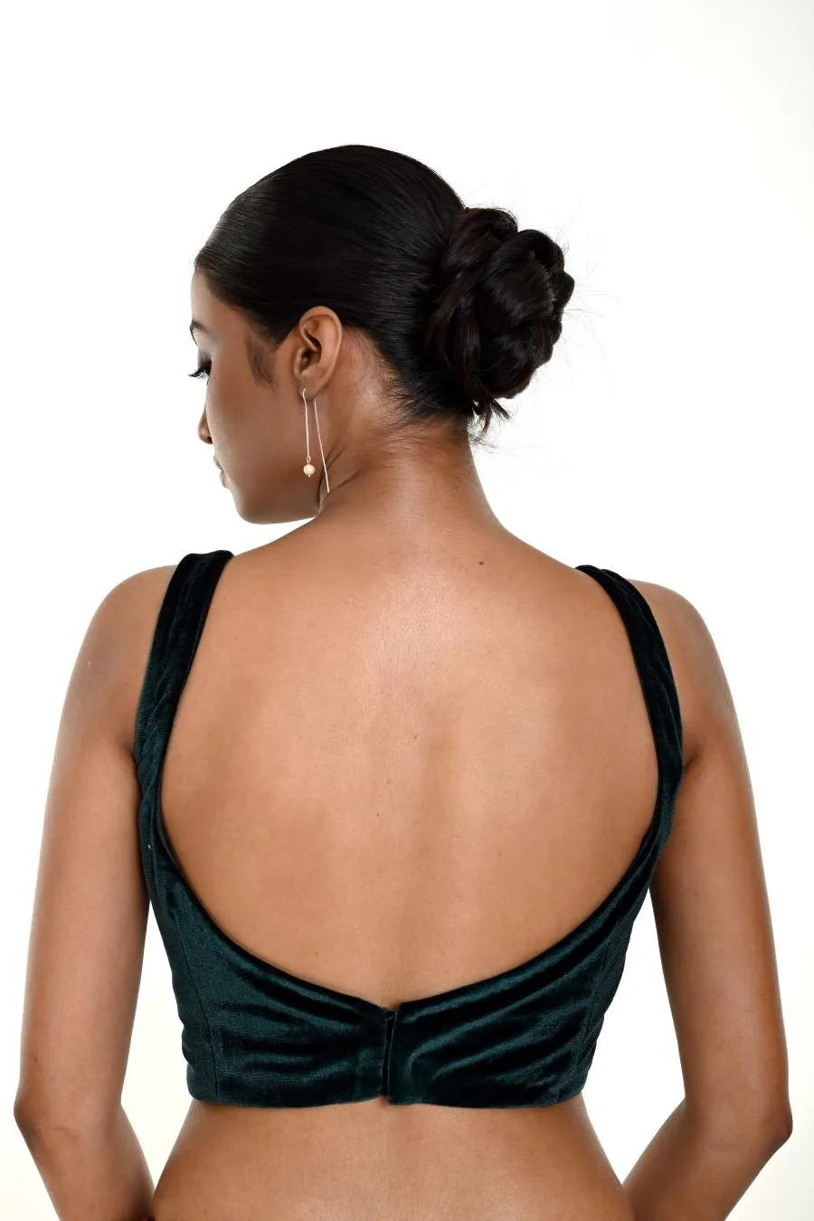 Dark Green Velvet Sleeveless Blouse With Queen Anne Neckline