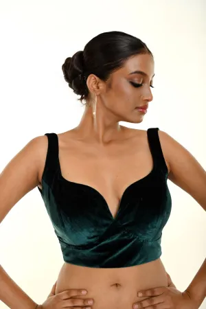 Dark Green Velvet Sleeveless Blouse With Queen Anne Neckline
