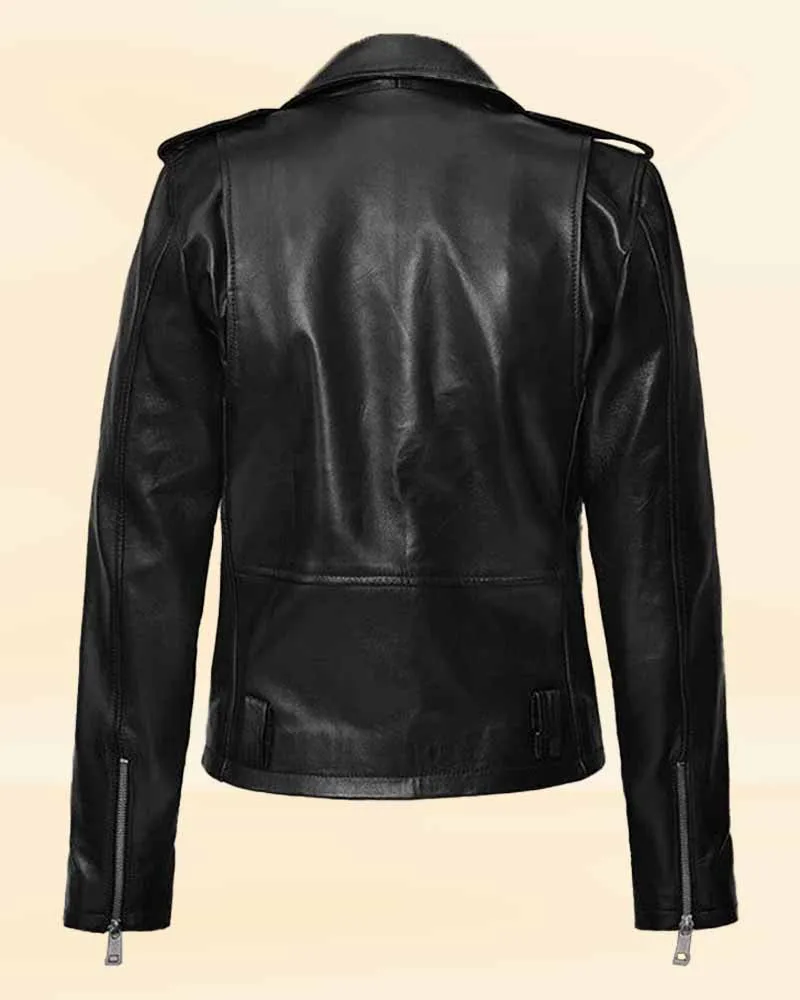 Elegant Black Biker Leather Jacket Worn By Lucy Hale | Lucy Hale Elegant Black Biker Leather Jacket