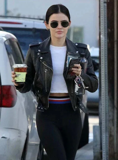 Elegant Black Biker Leather Jacket Worn By Lucy Hale | Lucy Hale Elegant Black Biker Leather Jacket