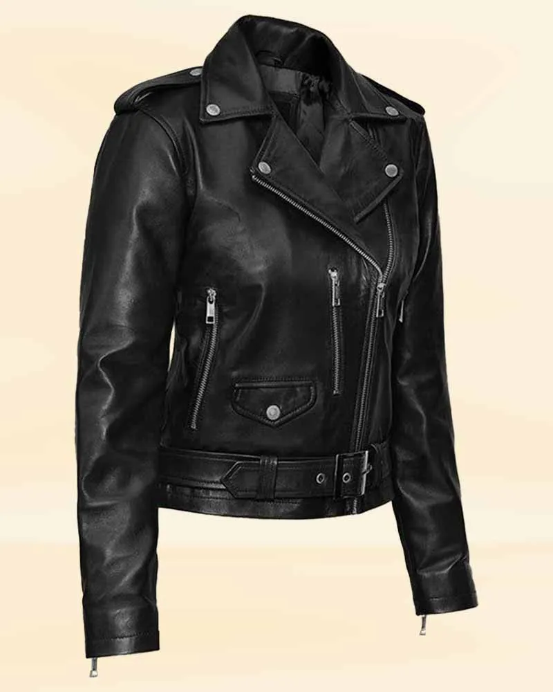 Elegant Black Biker Leather Jacket Worn By Lucy Hale | Lucy Hale Elegant Black Biker Leather Jacket