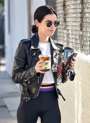 Elegant Black Biker Leather Jacket Worn By Lucy Hale | Lucy Hale Elegant Black Biker Leather Jacket