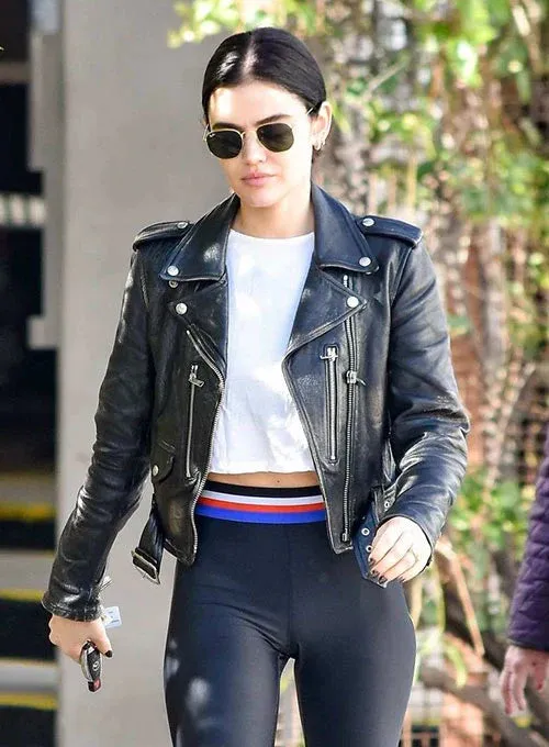 Elegant Black Biker Leather Jacket Worn By Lucy Hale | Lucy Hale Elegant Black Biker Leather Jacket