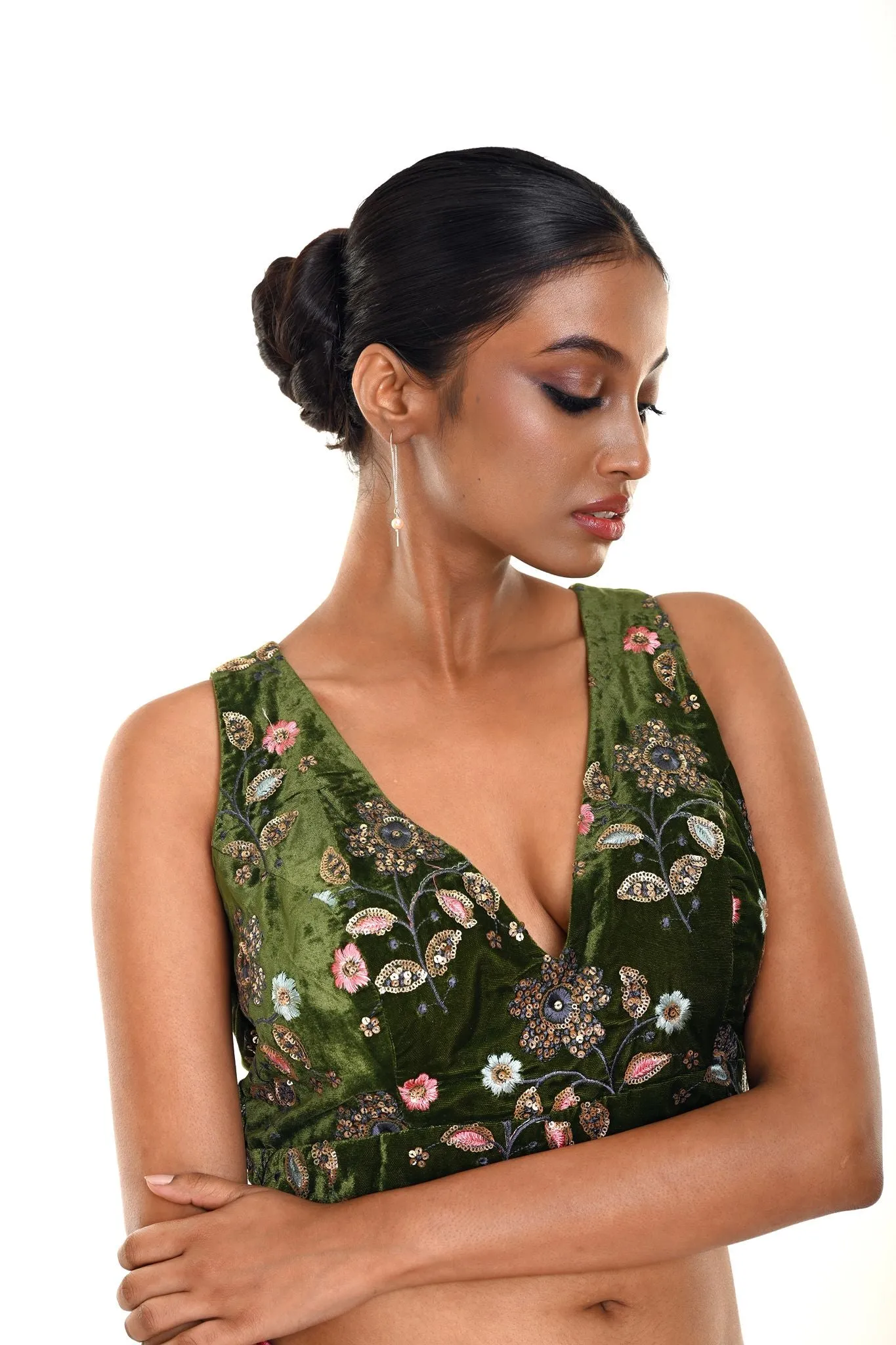 Forest Green Velvet Embroidery Sleeveless Blouse with Diamond Back Cutout and Deep V Neckline