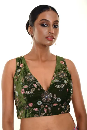 Forest Green Velvet Embroidery Sleeveless Blouse with Diamond Back Cutout and Deep V Neckline