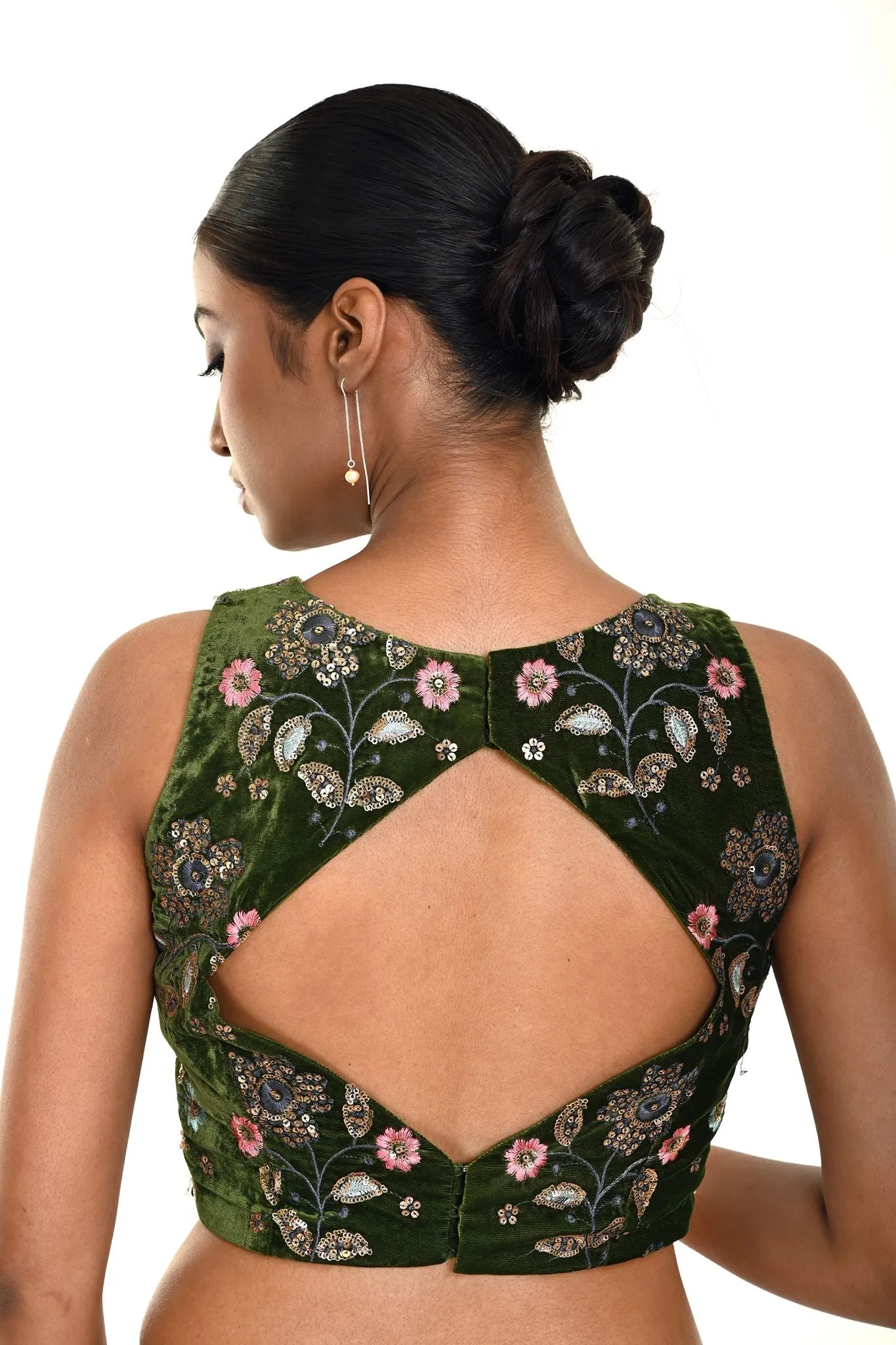 Forest Green Velvet Embroidery Sleeveless Blouse with Diamond Back Cutout and Deep V Neckline