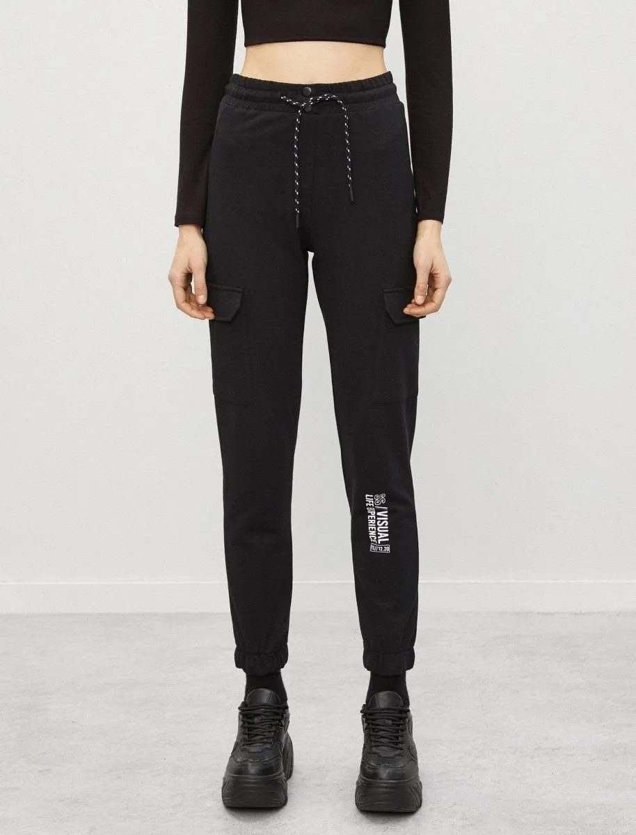 High Waist Cargo Sweatpants in Black