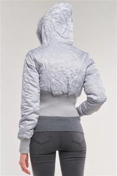 Icy Silver Winter Bomber Jacket with Fur Hood