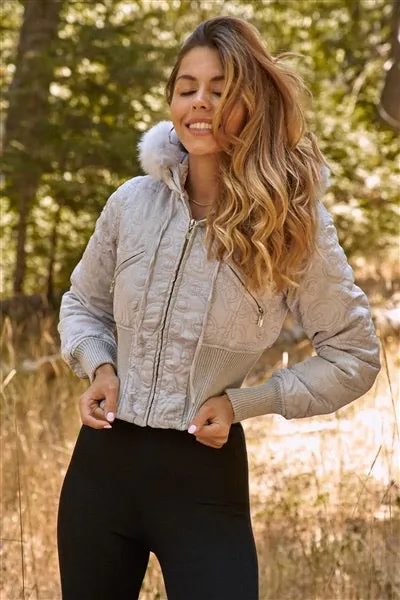 Icy Silver Winter Bomber Jacket with Fur Hood