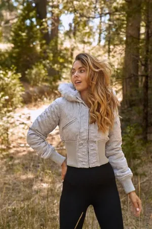 Icy Silver Winter Bomber Jacket with Fur Hood