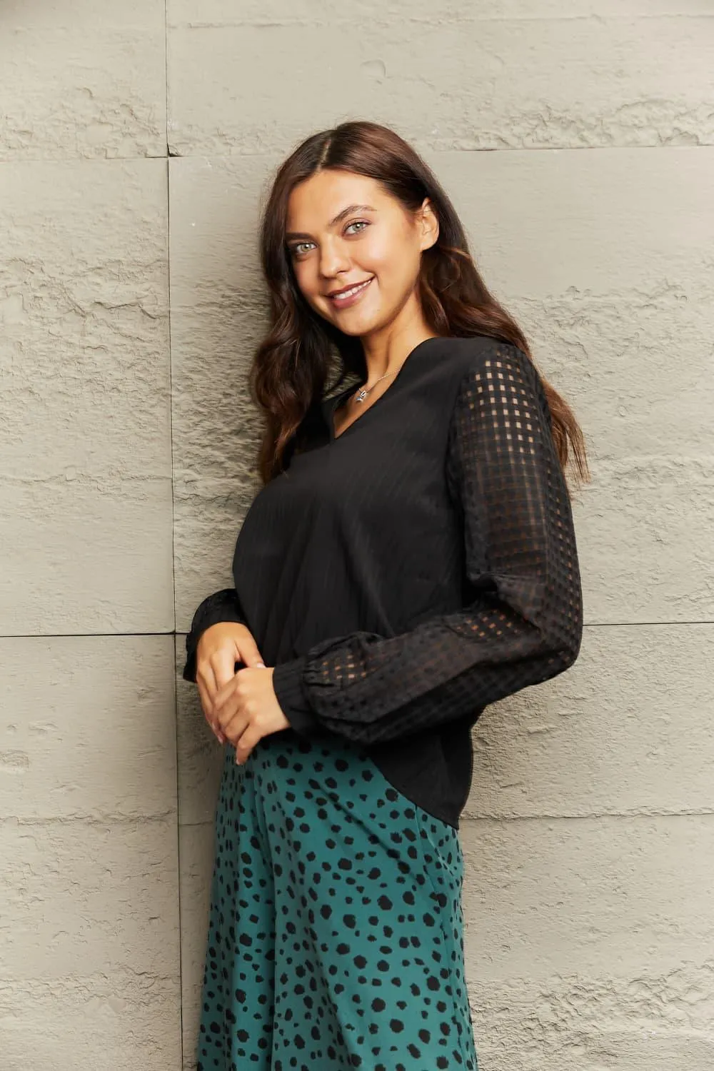 Modest V-Neck Long Sleeve Black Blouse
