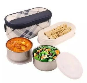 Multispace  1 piece Jagdamba HUM TUM Stainless Steel 3 Air Tight & Leakage Proof Container Lunch Box with Bag