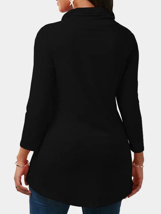 OEM ODM Roll Neck Slit Long Sleeve Black T-Shirts