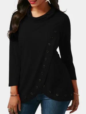 OEM ODM Roll Neck Slit Long Sleeve Black T-Shirts