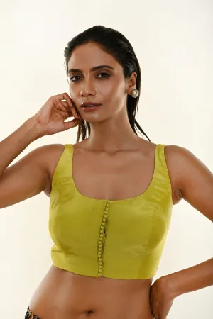Olive Green Sleeveless Blouse with Deep U Neckline and Front Button Hook Closure