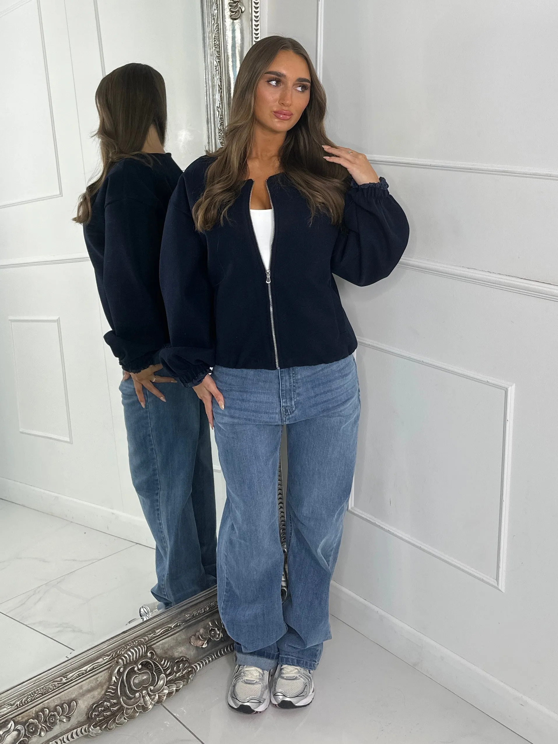 Puff Sleeve Bomber Jacket - Dark Navy