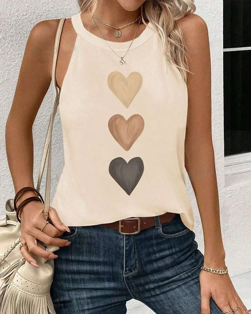 Sleeveless Heart Print Casual T-shirt
