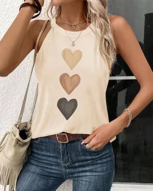 Sleeveless Heart Print Casual T-shirt