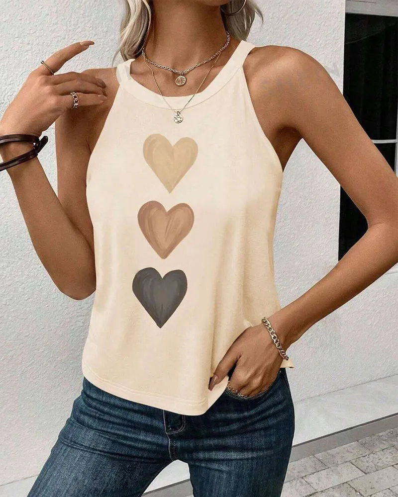 Sleeveless Heart Print Casual T-shirt