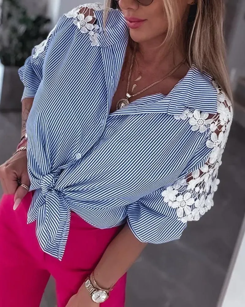 Striped Turn down Collar Long Sleeve Contrast Lace Shirt Casual Tied Detail Blouse