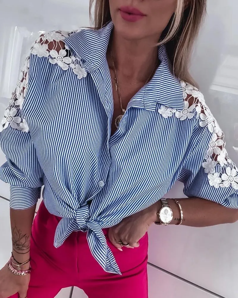 Striped Turn down Collar Long Sleeve Contrast Lace Shirt Casual Tied Detail Blouse